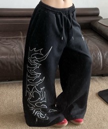 ラインストーン トライバルデザイン ワイドスウェットパンツ ルーズシルエット