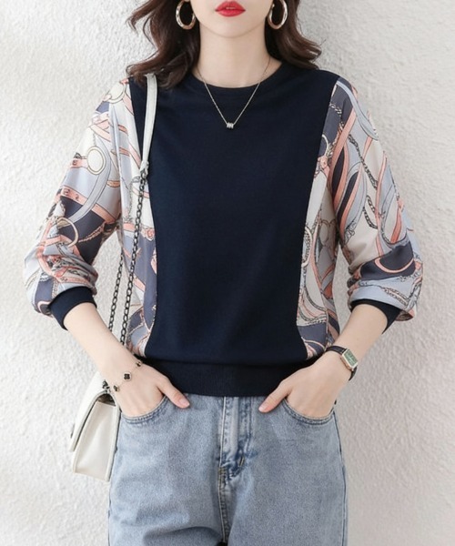 ReRe(リリ)の「プリント袖切替トップス(Tシャツ/カットソー・レディース・ホワイト/ベージュ/ネイビー/グレー・MEDIUM/LARGE/X-LARGE)」の4枚目の写真