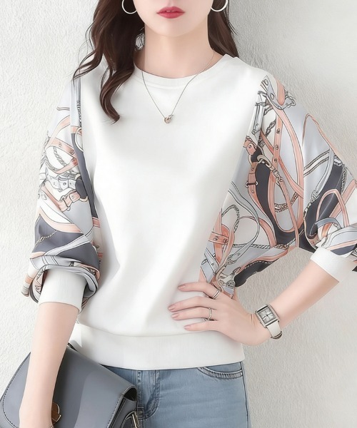 ReRe(リリ)の「プリント袖切替トップス(Tシャツ/カットソー・レディース・ホワイト/ベージュ/ネイビー/グレー・MEDIUM/LARGE/X-LARGE)」の7枚目の写真