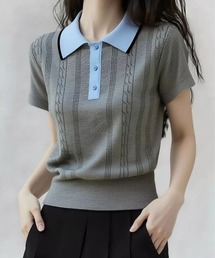 配色切替 ポロカラー サマーニット 半袖Tシャツ