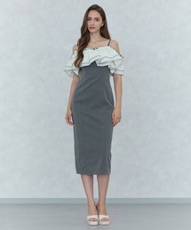 異素材ラッフル配色タイトワンピース