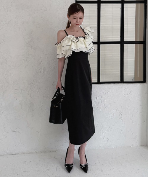 ROYAL PARTY（ロイヤルパーティー）の「異素材ラッフル配色タイトワンピース（ワンピース・レディース・ピンク/ブラック/グレー・FREE）」の6枚目の写真