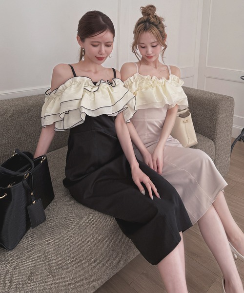 ROYAL PARTY（ロイヤルパーティー）の「異素材ラッフル配色タイトワンピース（ワンピース・レディース・ピンク/ブラック/グレー・FREE）」の4枚目の写真