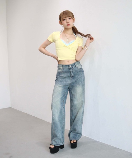 CECIL McBEE(セシルマクビー)の「【CECIL McBEE】ラインストーン付きワイドデニムパンツ(デニムパンツ・レディース・ブルー・MEDIUM)」の2枚目の写真