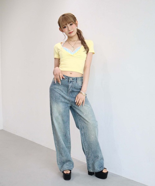 CECIL McBEE(セシルマクビー)の「【CECIL McBEE】ラインストーン付きワイドデニムパンツ(デニムパンツ・レディース・ブルー・MEDIUM)」の3枚目の写真