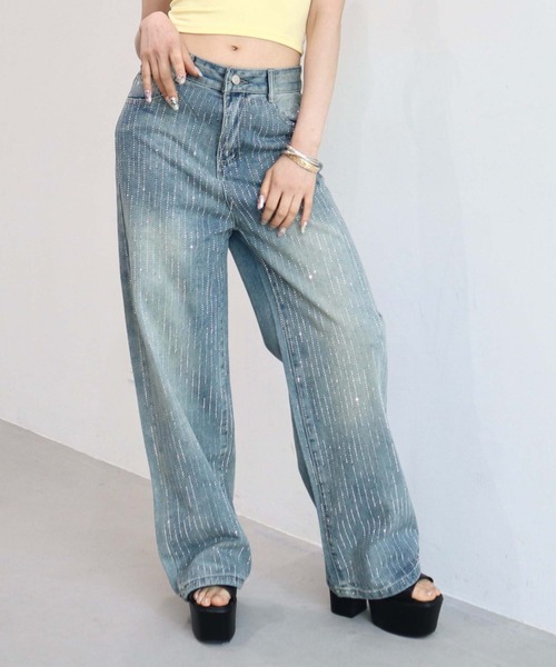 CECIL McBEE(セシルマクビー)の「【CECIL McBEE】ラインストーン付きワイドデニムパンツ(デニムパンツ・レディース・ブルー・MEDIUM)」の4枚目の写真