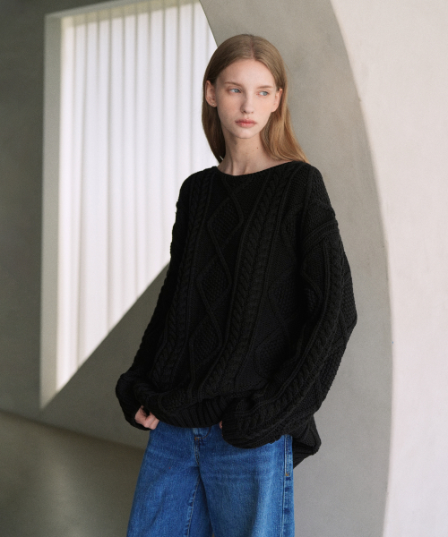VLETI(ブレッティ)の「Fisherman Cotton Boat-neck Loosefit Knit (black)(ニット/セーター・レディース・ブラック・FREE)」の1枚目の写真