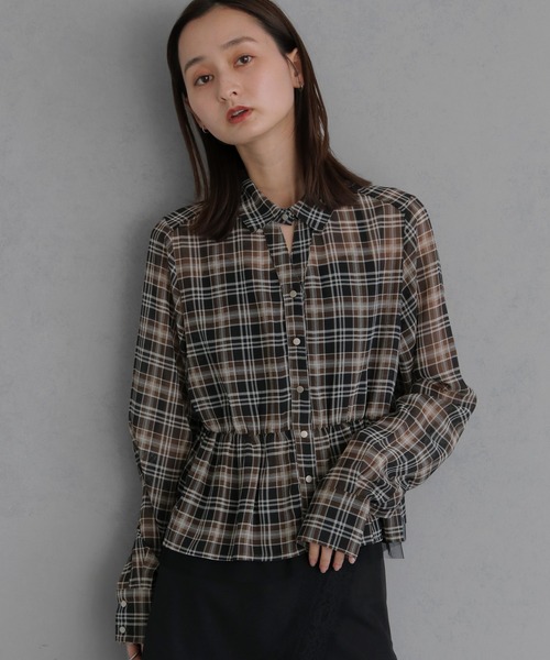 &g'aime(アンジェム)の「【&g'aime 】チェック柄ペプラムシャツ Plaid Peplum Shirt(シャツ/ブラウス・レディース・グリーン/ブラウン・FREE)」の2枚目の写真