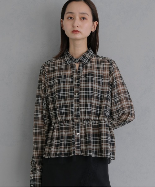 &g'aime(アンジェム)の「【&g'aime 】チェック柄ペプラムシャツ Plaid Peplum Shirt(シャツ/ブラウス・レディース・グリーン/ブラウン・FREE)」の3枚目の写真