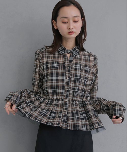 &g'aime(アンジェム)の「【&g'aime 】チェック柄ペプラムシャツ Plaid Peplum Shirt(シャツ/ブラウス・レディース・グリーン/ブラウン・FREE)」の4枚目の写真