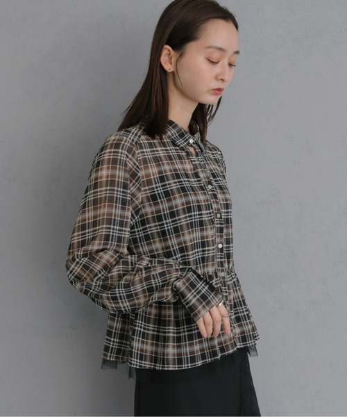 &g'aime(アンジェム)の「【&g'aime 】チェック柄ペプラムシャツ Plaid Peplum Shirt(シャツ/ブラウス・レディース・グリーン/ブラウン・FREE)」の6枚目の写真