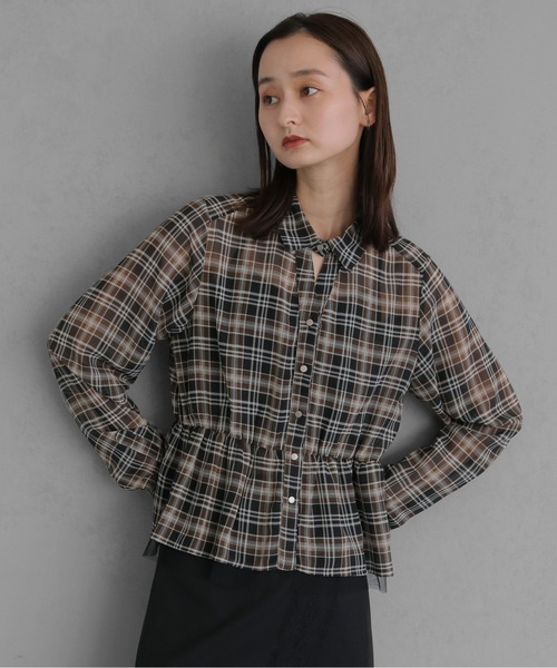 &g'aime(アンジェム)の「【&g'aime 】チェック柄ペプラムシャツ Plaid Peplum Shirt(シャツ/ブラウス・レディース・グリーン/ブラウン・FREE)」の5枚目の写真