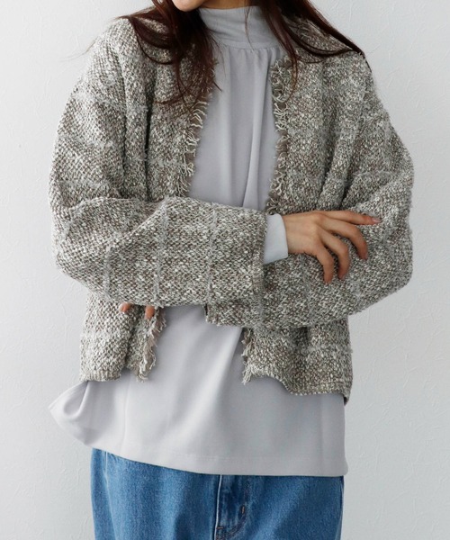 Jines（ジネス）の「ボーダーフリンジカーディガン（カーディガン/ボレロ・レディース・ブルー/ベージュ/グレー・38）」の2枚目の写真