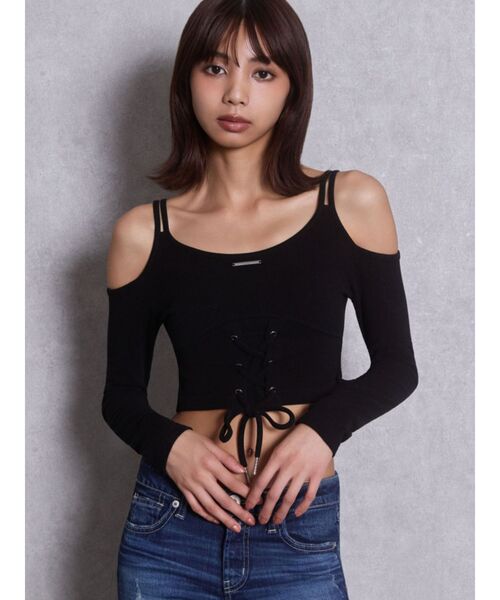 GYDA（ジェイダ）の「GYDAプレートレースアップトップス（Tシャツ/カットソー・レディース・ブラック/グレー・FREE）」の2枚目の写真
