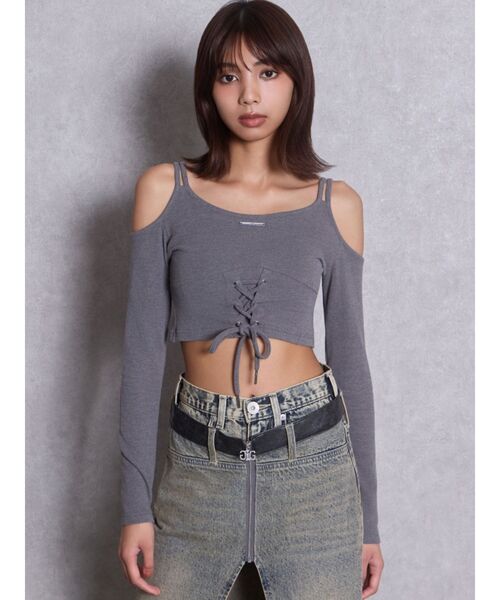 GYDA（ジェイダ）の「GYDAプレートレースアップトップス（Tシャツ/カットソー・レディース・ブラック/グレー・FREE）」の10枚目の写真
