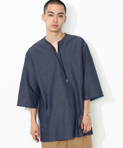 ADAM ET ROPE'（アダムエロペ）の「インディアンストライプチュニック（シャツ/ブラウス・メンズ・ブラック/サックスブルー/ブルー・FREE）」の3枚目の写真