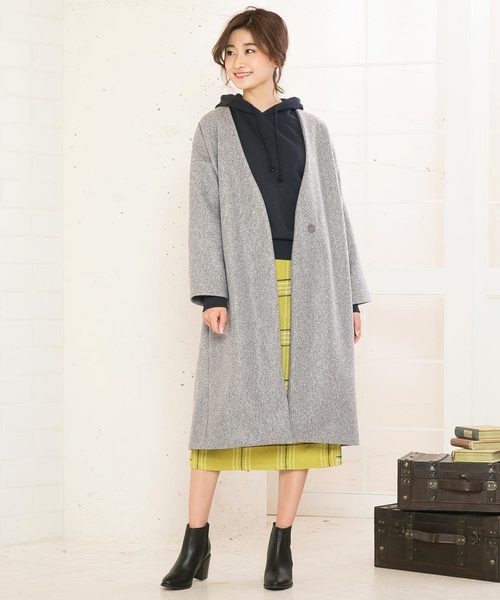 KOBE LETTUCE(コウベレタス)の「ドロップショルダービッグシルエットフェイクウールノーカラーコート(ノーカラーコート・レディース・パープル/ネイビー/ブラウン/グレー/レッド/カーキ/キャメル/ライトベージュ/ピンク系その他/モカ/ブラウン系その他/チャコール/ホワイト系その他/ブルー/ブルー系その他・FREE)」の3枚目の写真