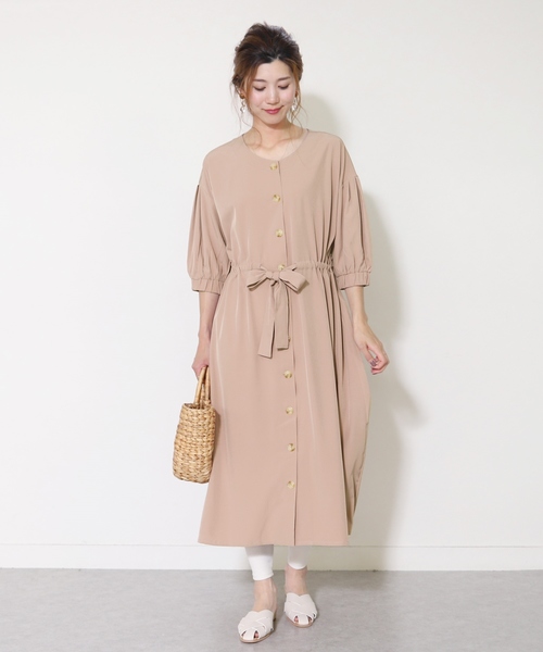 シビラ　ベージュ 七分袖ロングワンピース (ウエストリボン付) 7分袖ウエストリボンワンピース（ワンピース）｜reca（レカ）の