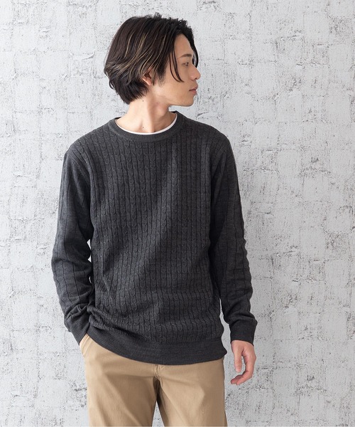 JEANS MATE(ジーンズメイト)の「ケーブルニットアンサンブル アンサンブルアイテム ロンTセットアップ(ニット/セーター・メンズ・チャコールグレー/ワイン/ブルー系その他/ホワイト・MEDIUM/LARGE/X-LARGE)」の2枚目の写真