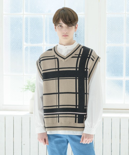 EDEL（エーデル）の「EDEL - ラインチェックニットベスト（ベスト・メンズ・ベージュ/ブラック・LARGE/MEDIUM）」の11枚目の写真