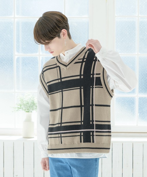 EDEL（エーデル）の「EDEL - ラインチェックニットベスト（ベスト・メンズ・ベージュ/ブラック・LARGE/MEDIUM）」の13枚目の写真
