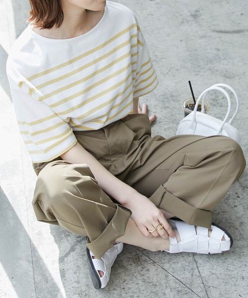 BONLECILL（ボンルシール）の「パネルボーダー ボートネックカットソー 半袖Tシャツ（Tシャツ/カットソー・レディース・ブラック/ブラウン/ブルー/グリーン/イエロー/ピンク/オレンジ系・FREE）」の5枚目の写真