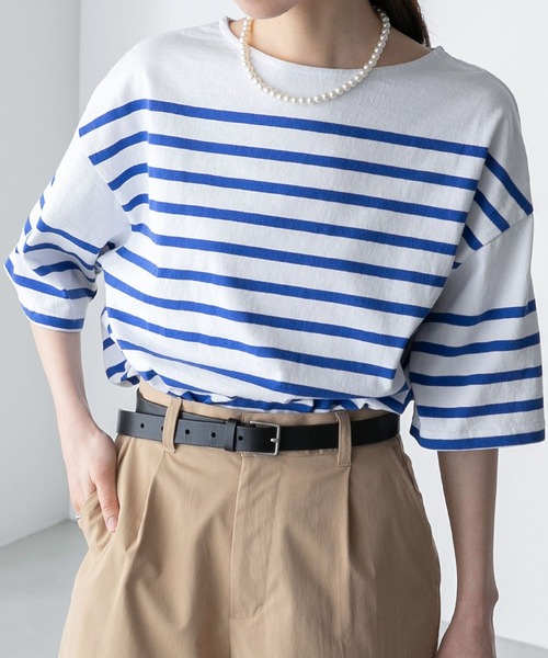 BONLECILL（ボンルシール）の「パネルボーダー ボートネックカットソー 半袖Tシャツ（Tシャツ/カットソー・レディース・ブラック/ブラウン/ブルー/グリーン/イエロー/ピンク/オレンジ系・FREE）」の17枚目の写真