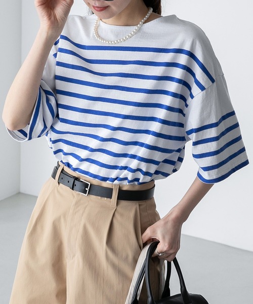 BONLECILL（ボンルシール）の「パネルボーダー ボートネックカットソー 半袖Tシャツ（Tシャツ/カットソー・レディース・ブラック/ブラウン/ブルー/グリーン/イエロー/ピンク/オレンジ系・FREE）」の18枚目の写真