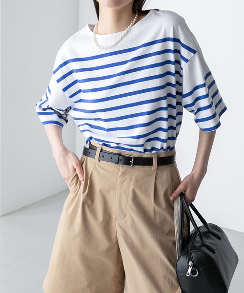 BONLECILL（ボンルシール）の「パネルボーダー ボートネックカットソー 半袖Tシャツ（Tシャツ/カットソー・レディース・ブラック/ブラウン/ブルー/グリーン/イエロー/ピンク/オレンジ系・FREE）」の19枚目の写真