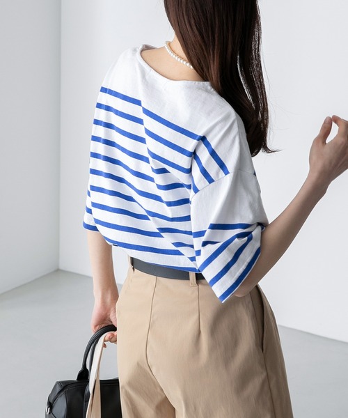 BONLECILL（ボンルシール）の「パネルボーダー ボートネックカットソー 半袖Tシャツ（Tシャツ/カットソー・レディース・ブラック/ブラウン/ブルー/グリーン/イエロー/ピンク/オレンジ系・FREE）」の20枚目の写真