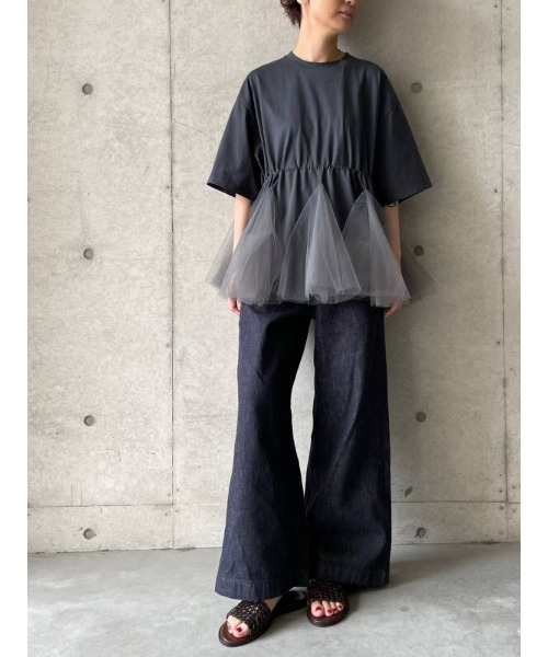 ビアズリー　ダブルチュールTシャツ　ネイビー　ゆったり　オーバーサイズ　ドロスト ビアズリー ダブルチュールTシャツ ネイビー ゆったり オーバー