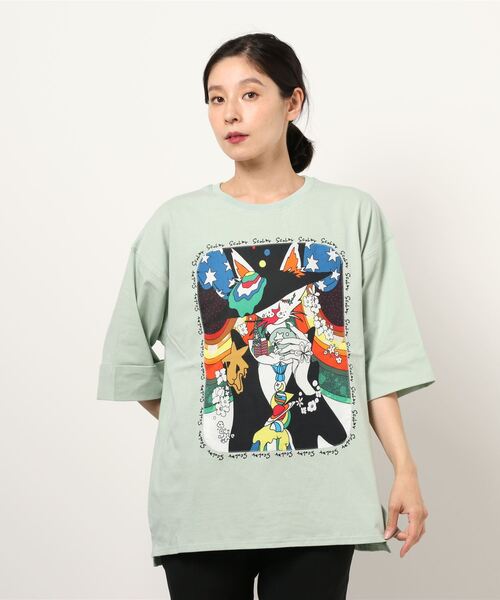 ScoLar（スカラー）の「ネコアート柄アップリケBIG Tシャツ（Tシャツ/カットソー・レディース・ブラック/オフホワイト/グリーン・M）」の3枚目の写真