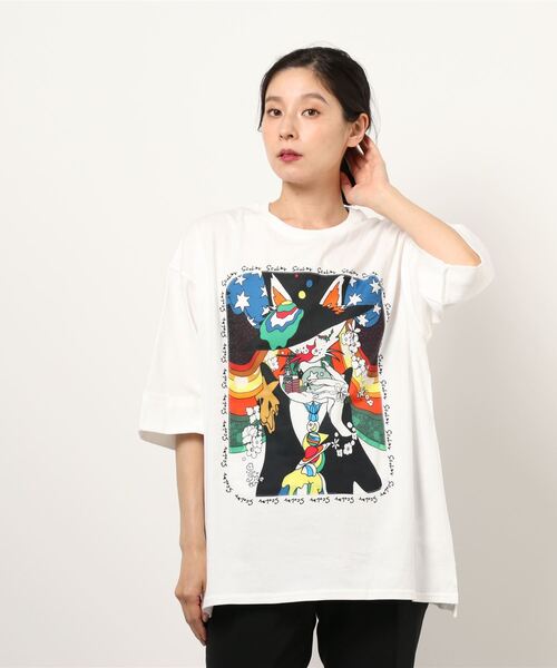 ScoLar（スカラー）の「ネコアート柄アップリケBIG Tシャツ（Tシャツ/カットソー・レディース・ブラック/オフホワイト/グリーン・M）」の10枚目の写真