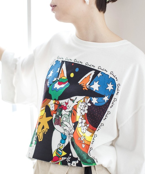 ScoLar（スカラー）の「ネコアート柄アップリケBIG Tシャツ（Tシャツ/カットソー・レディース・ブラック/オフホワイト/グリーン・M）」の19枚目の写真