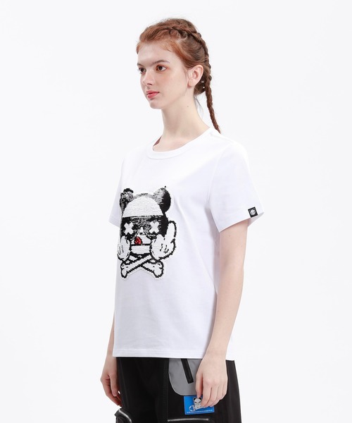 HIPANDA(ハイパンダ)の「HIPANDA ハイパンダ レディース F××K風ドクロモチーフ スパンコール刺繍 半袖Tシャツ(Tシャツ/カットソー・レディース・ホワイト/ブラック・X-LARGE/MEDIUM/LARGE/SMALL)」の3枚目の写真