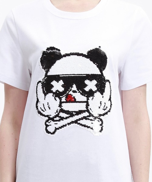 HIPANDA(ハイパンダ)の「HIPANDA ハイパンダ レディース F××K風ドクロモチーフ スパンコール刺繍 半袖Tシャツ(Tシャツ/カットソー・レディース・ホワイト/ブラック・X-LARGE/MEDIUM/LARGE/SMALL)」の5枚目の写真