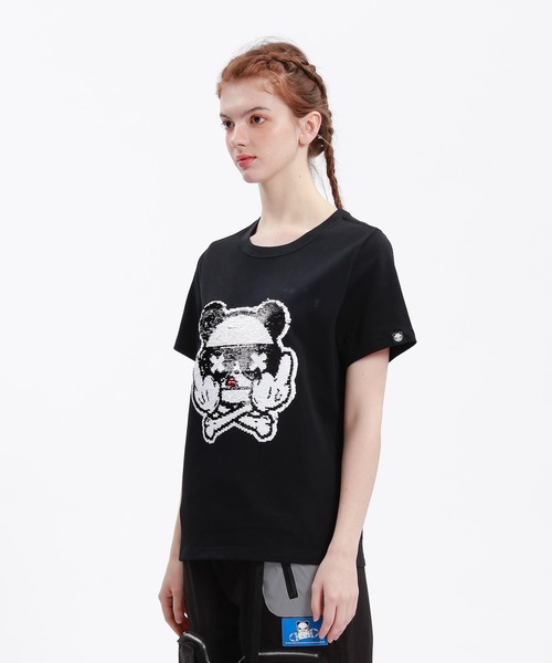 HIPANDA(ハイパンダ)の「HIPANDA ハイパンダ レディース F××K風ドクロモチーフ スパンコール刺繍 半袖Tシャツ(Tシャツ/カットソー・レディース・ホワイト/ブラック・X-LARGE/MEDIUM/LARGE/SMALL)」の6枚目の写真