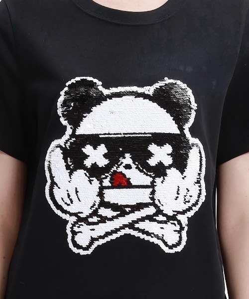 tシャツ HIPANDA ハイパンダ レディース F××K風ドクロモチーフ スパンコール刺繍 半袖Tシャツ レディース HIPANDA tシャツ ハイパンダ レディース F××K風ドクロモチーフ