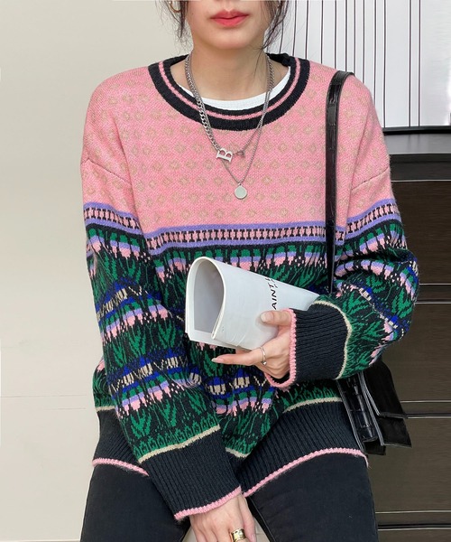 MAISON DE THERESE(メゾン ド テレーズ)の「長袖ジャカーセーター(ニット/セーター・レディース・ピンク/ブルー・MEDIUM)」の11枚目の写真