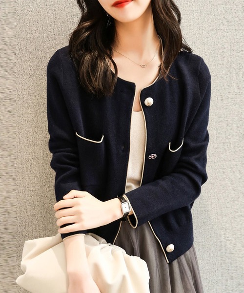 LOPASS（ロパス）の「バイカラーパイピング　ニットジャケット（その他アウター・レディース・ブラック/ネイビー・MEDIUM）」の2枚目の写真