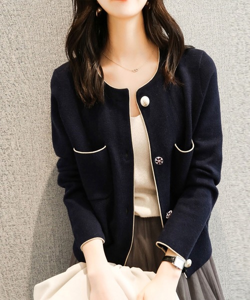 LOPASS（ロパス）の「バイカラーパイピング　ニットジャケット（その他アウター・レディース・ブラック/ネイビー・MEDIUM）」の3枚目の写真