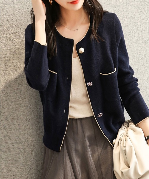 LOPASS（ロパス）の「バイカラーパイピング　ニットジャケット（その他アウター・レディース・ブラック/ネイビー・MEDIUM）」の4枚目の写真