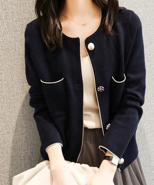 LOPASS（ロパス）の「バイカラーパイピング　ニットジャケット（その他アウター・レディース・ブラック/ネイビー・MEDIUM）」の5枚目の写真