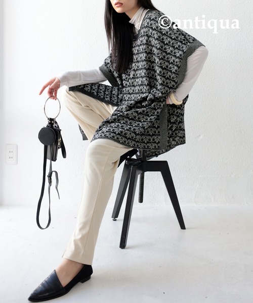 antiqua(アンティカ)の「ジャガードニットポンチョ(ポンチョ・レディース・ブラック・FREE)」の14枚目の写真