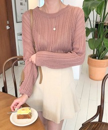 メッシュニット 透かし編みクルーネックニットプルオーバー