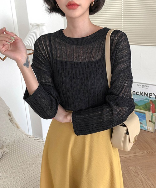 VitaFelice(ヴィータフェリーチェ)の「メッシュニット 透かし編みクルーネックニットプルオーバー(ニット/セーター・レディース・ホワイト/ブラック/ピンク/ベージュ/チョコ・FREE)」の2枚目の写真