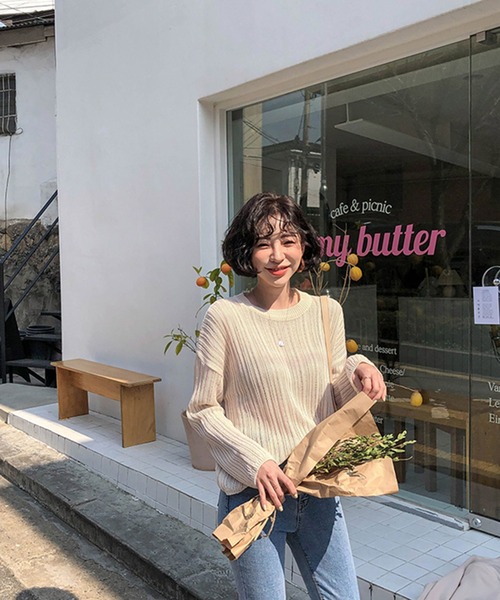 VitaFelice(ヴィータフェリーチェ)の「メッシュニット 透かし編みクルーネックニットプルオーバー(ニット/セーター・レディース・ホワイト/ブラック/ピンク/ベージュ/チョコ・FREE)」の7枚目の写真