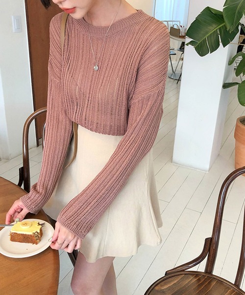 VitaFelice(ヴィータフェリーチェ)の「メッシュニット 透かし編みクルーネックニットプルオーバー(ニット/セーター・レディース・ホワイト/ブラック/ピンク/ベージュ/チョコ・FREE)」の11枚目の写真