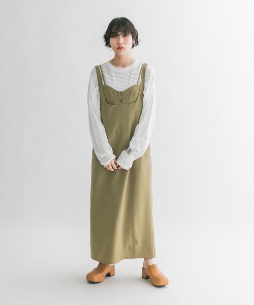 KBF(ケイビーエフ)の「Iラインレイヤードビスチェワンピース(ワンピース・レディース・カーキ/ネイビー/ライトベージュ・ONE)」の4枚目の写真