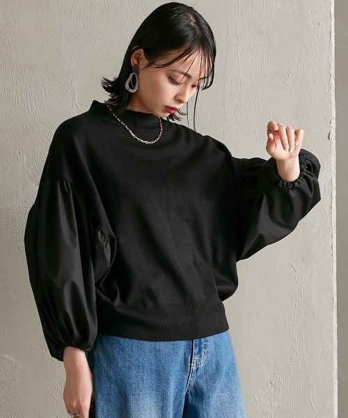 Soiunique（スワユニーク）の「異素材切替　超ワイドスリーブニット [Soiunique]（ニット/セーター・レディース・グレイッシュベージュ/ブラック×ホワイト/ブラック・M/L）」の2枚目の写真
